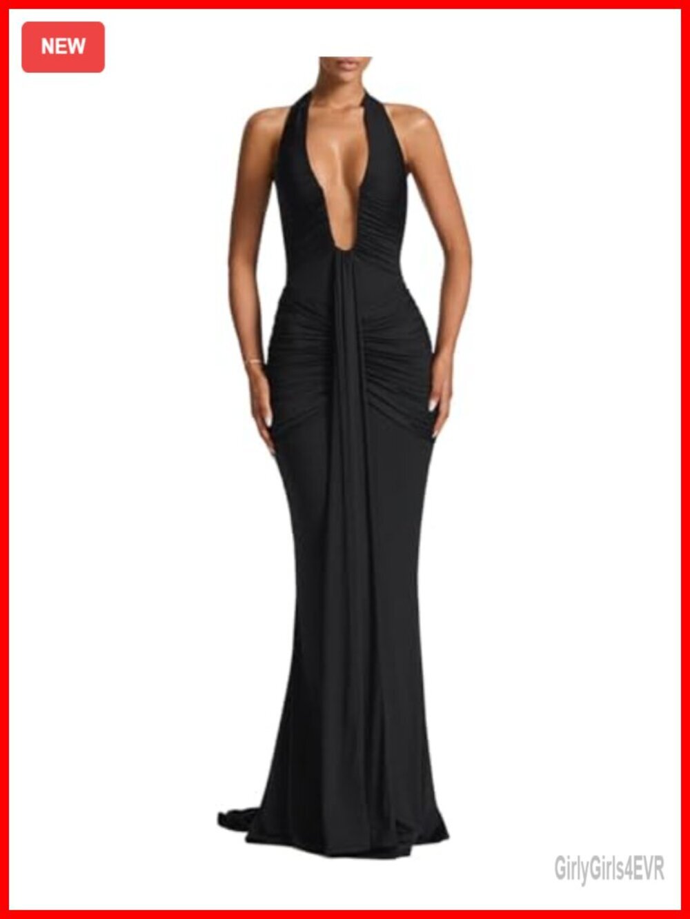 Deep V-Neck Sleeveless Halter Ruched Bodycon Maxi Dress - Picture 1 of 6